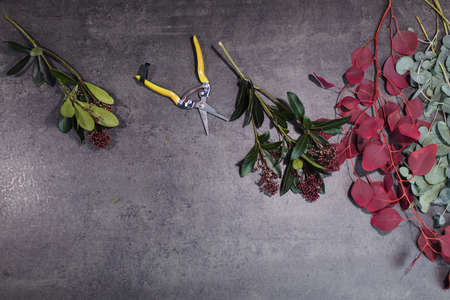 A variety of beautiful flowers lying on a grey table. Flower delivery. The job of a floristの写真素材