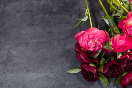 Beautiful bouquet of peonies red charm and coral. Flower deliveryの写真素材