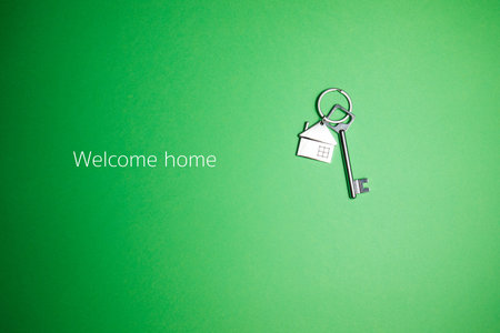 Key with key chain in form of house on a green background