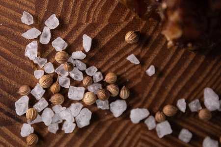 Large spices on a wooden Board. Restaurant menu, a series of photos of various dishesの写真素材