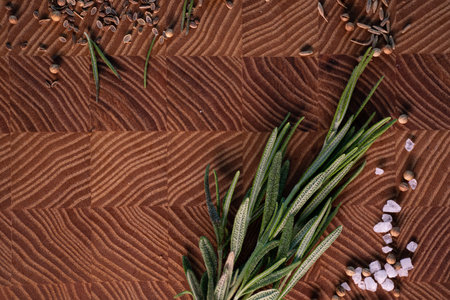 Close-up of thyme on a wooden Board with spices. Restaurant menu, a series of photos of various dishesの写真素材