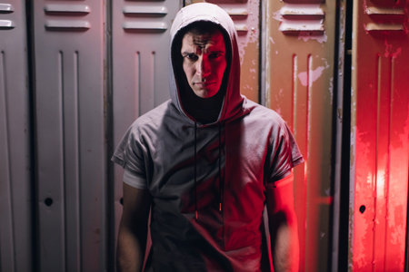 Man get ready for boxing training in the locker room. Man looks at the camera in the neon lightの写真素材