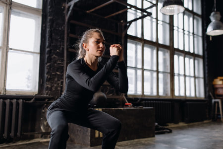 Young girl doing sports in the gym. Atmospheric gym