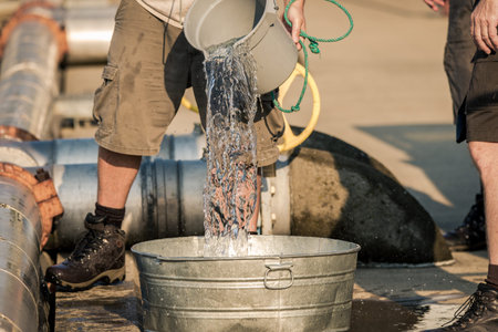 Young trout being poured into a metal bucket for weighing at a fish hatcheryの写真素材