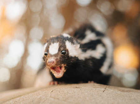 Close up of a spotted skunk, Spilogale putorius, with its mouth openの写真素材