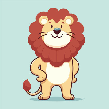 A playful and friendly looking cartoon lion stands upright with a big smile, evoking a warm and joyful atmosphere.のイラスト素材