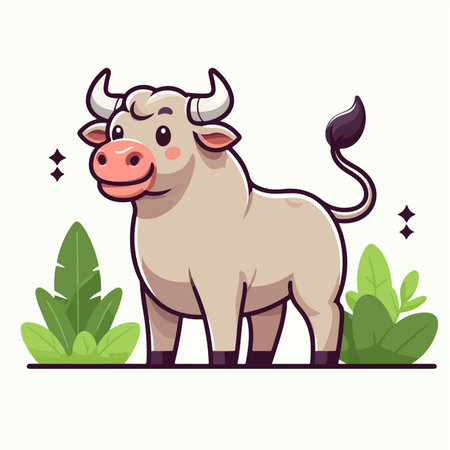 Logo Mascot Cartoon Bull or Cow Smiling With Confidence and Charm in a Stylized Illustrationのイラスト素材