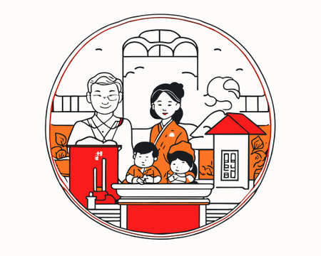 Asian family gathering in traditional attire at homeのイラスト素材