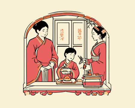 Asian family gathering in traditional attire at homeのイラスト素材