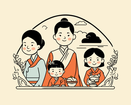 Asian family gathering in traditional attire at homeのイラスト素材