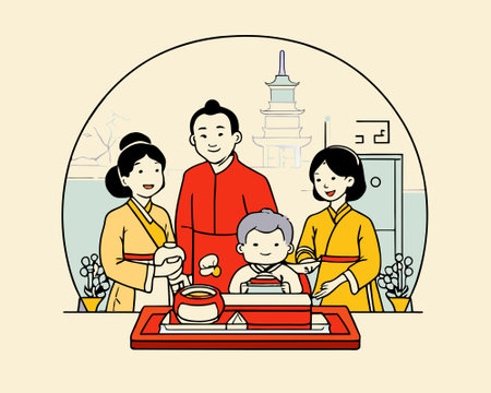 Asian family gathering in traditional attire at homeのイラスト素材