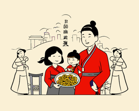 Asian family gathering in traditional attire at homeのイラスト素材