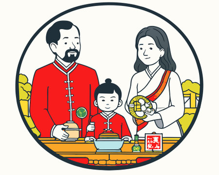 Asian family gathering in traditional attire at homeのイラスト素材