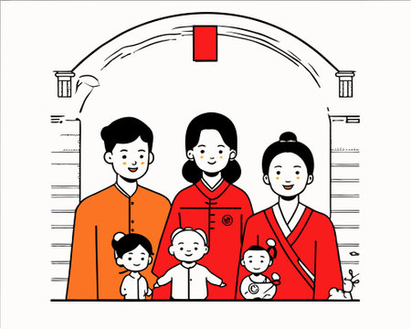 Asian family gathering in traditional attire at homeのイラスト素材