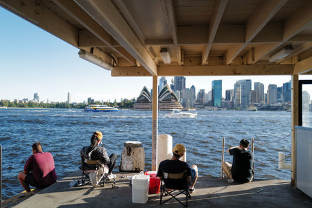 Tourists enjoy the view of Sydney Harbour from a boat.