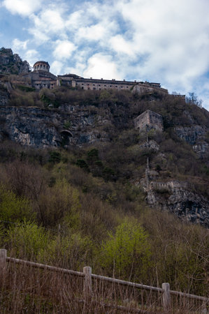 View of the fortress of Anfo from the town of the same name, with a tourist and fishing port, a...