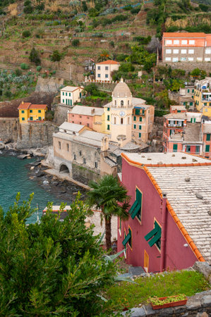 Vernazza in the Cinque Terre, Italy. Beautiful seaside town and fishermen in Liguria, a popular...
