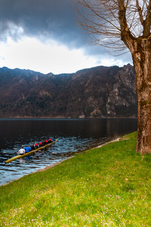 Panorama of Lake Idro from the town of Anfo, with a tourist and fishing port, a tourist destination for holidays at the lake, at the foot of the Alps immersed in unspoilt nature.のeditorial素材