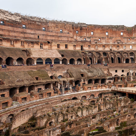 Rome Italy. Interior of the Colosseum, famous for its shows with gladiators in the Roman Empire....