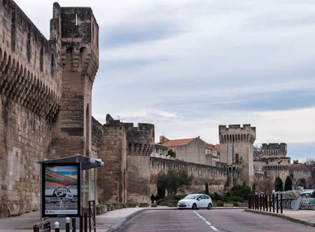 Avignon, in the Provence region, France - 01/03/2018: historic fortified city famous for the Palace of the Popes, crossed by the Rhone river. View of the city walls.のeditorial素材