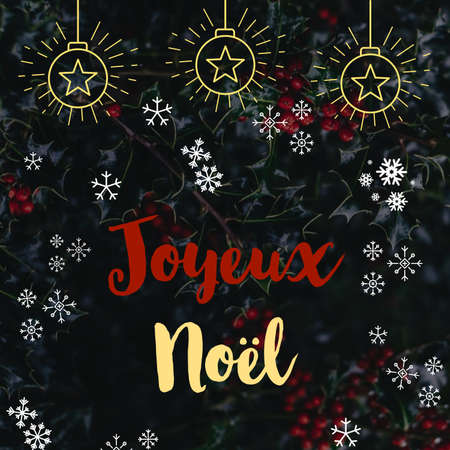 Illustration with "Joyeux NoÃ«l" written in French language, with stars and decorations. Christmas model for web, wallpaper, digital graphics, packaging, objects, gifts and decorations.の写真素材