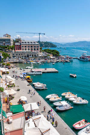 Portovenere, Italy. Beautiful seaside village with the famous gulf of poets that inspired the poems of Byron, a popular tourist destination for beach holidays and tracking in unspoiled nature. Tourist port.の写真素材