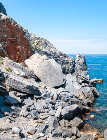 Portovenere, Italy. Beautiful seaside village with the famous gulf of poets that inspired the poems of Byron, a popular tourist destination for beach holidays and tracking in unspoiled nature. Gulf of poets.の写真素材