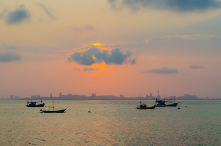 fishing boats at sea  At sunrise Hua Hin Thailand
