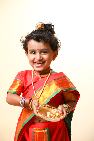 Indian little girl child on sariの写真素材
