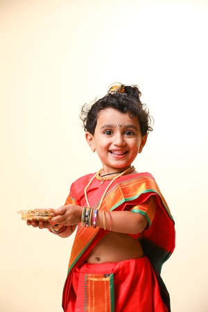 Indian little girl child on sariの写真素材