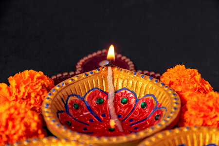 Indian Festival Diwali , Diwali lamp and flower rangoli