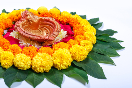 Marigold Flower rangoli Design for Diwali Festival , Indian Festival flower decorationの写真素材
