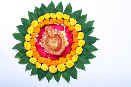 Marigold Flower rangoli Design for Diwali Festival , Indian Festival flower decorationの写真素材