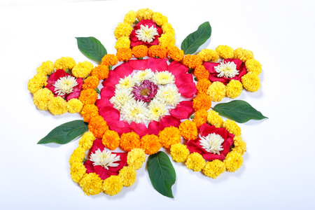 Marigold Flower rangoli Design for Diwali Festival , Indian Festival flower decorationの写真素材