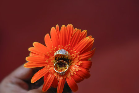 Golden engagement ring on flower