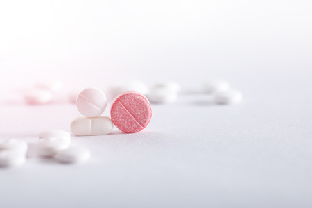 Medicine tablets on white background , Pharmacy themeの写真素材