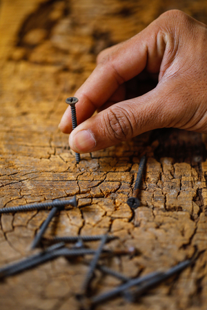 Hand holding nail on woodの写真素材