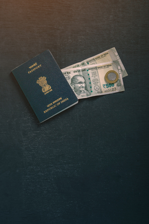 Indian passport with indian currencyの写真素材