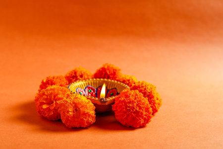 Indian Festival Diwali , Diwali lamp and flower rangoliの写真素材