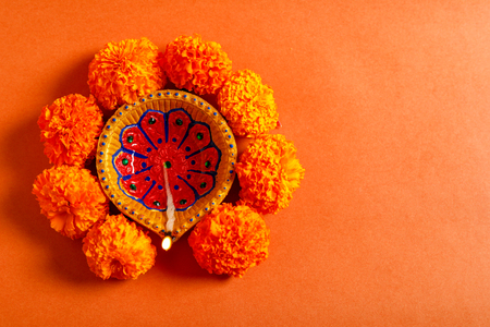 Indian Festival Diwali , Diwali lamp and flower rangoliの写真素材