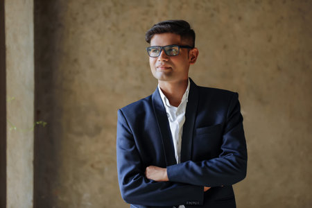 Portrait of a young Indian successful businessman wearing suit and Spectacles