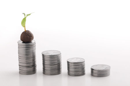 Stack of indian currency in coins  arranged as a graph on white background