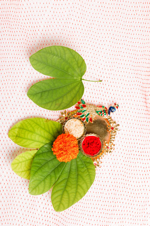 Happy Dussehra greeting card , green leaf and rice
