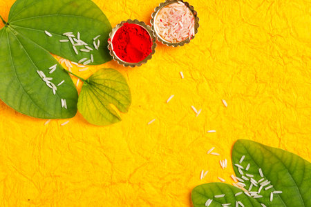 Happy Dussehra greeting card , green leaf and rice