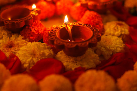 Indian Festival Diwali , Diwali lamp and flower rangoli
