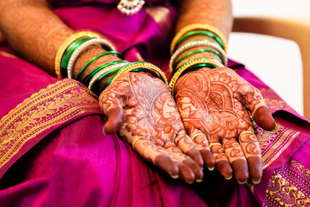 Indian wedding ceremony : bangle in bridal hand with mehandi designの写真素材