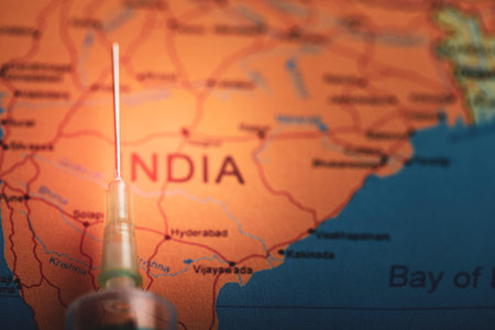 corona virus concept , Indian map marked with syringeの写真素材