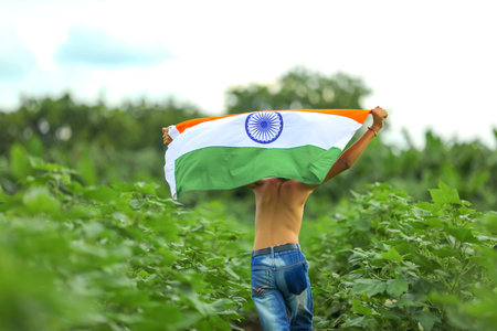 Indian child celebrating Independence or Republic day, Cute little Indian child holding, waving or...