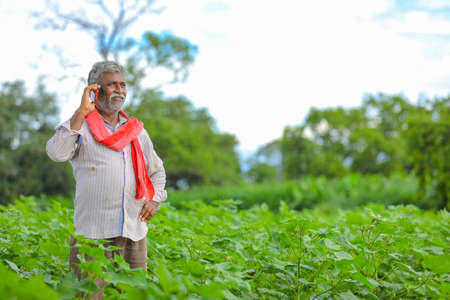 Indian farmer talking mobile phone at Agriculture fieldの写真素材