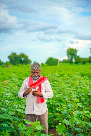 Indian farmer using mobile phone at Agriculture fieldの写真素材